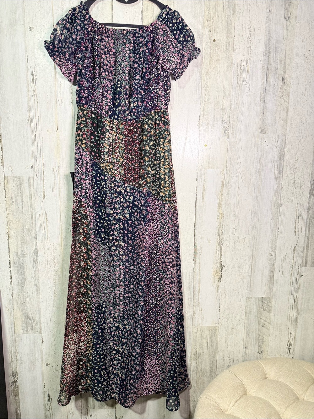 Lulus Neva Navy Ditsy Floral Patchwork Off Shoulder Maxi Dress Size M NEW - Picture 14 of 15
